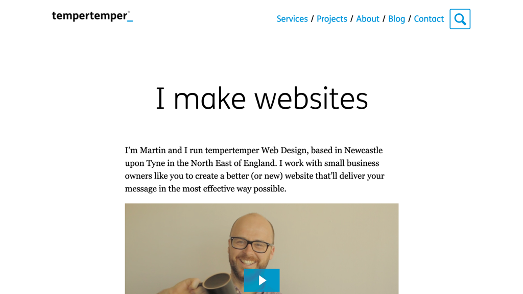 2018 version of my website’s homepage, with the simple heading “I make websites”, followed by a video introduction