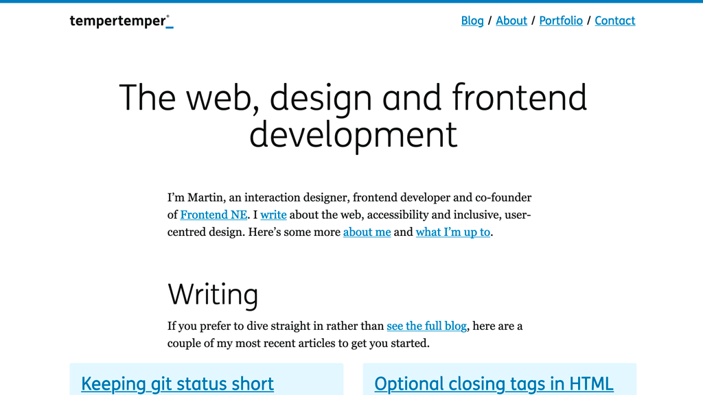 2020 version of my website's homepage, with the headline “The web, design and frontend development”, going straight to shortcuts to my most recent blog posts