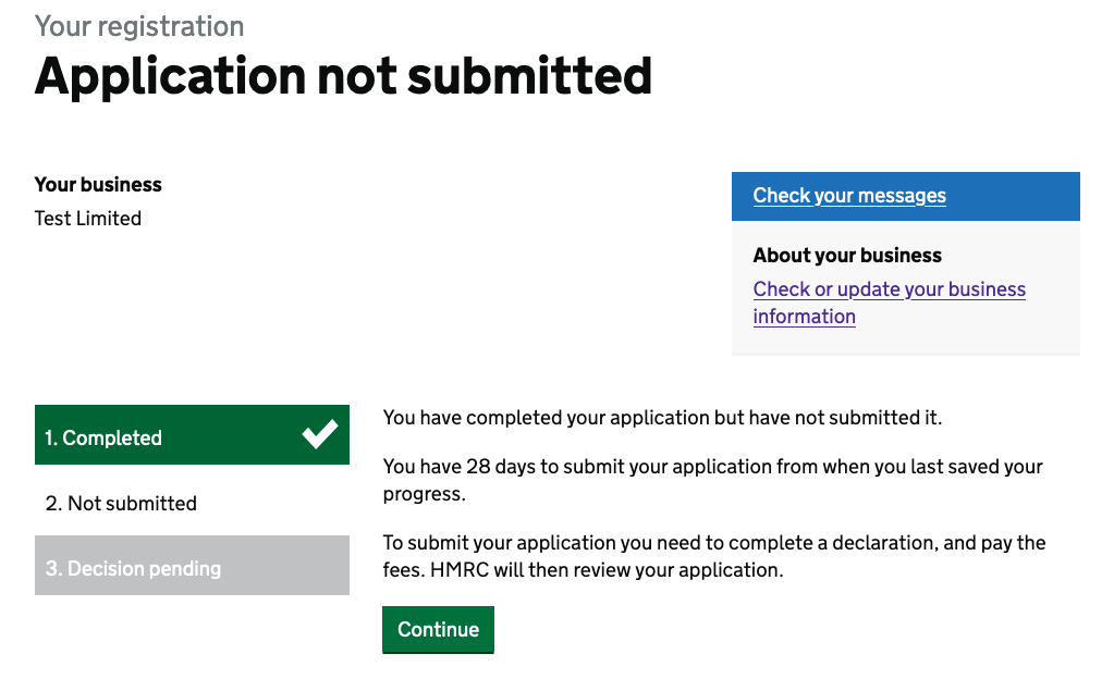 Application complete but not submitted, showing a progress indicator: 'Completed' in white text on green with a checkmark alongside, 'Not submitted' in black on white, and 'Decision pending' in white text on light grey