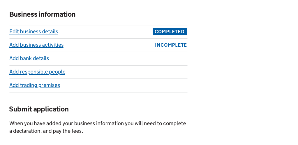 The task list pattern with blank for 'not started', white text on a blue background for 'complete', and with a third state for 'incomplete' which has blue text on a white/transparent background