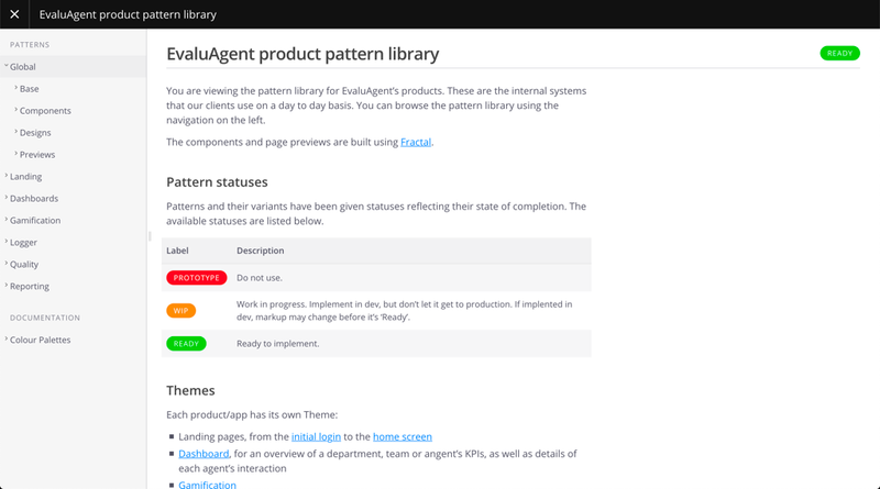 EvaluAgent product pattern library intro page, showing a folder system containing the patterns and documenting things such as pattern status labels
